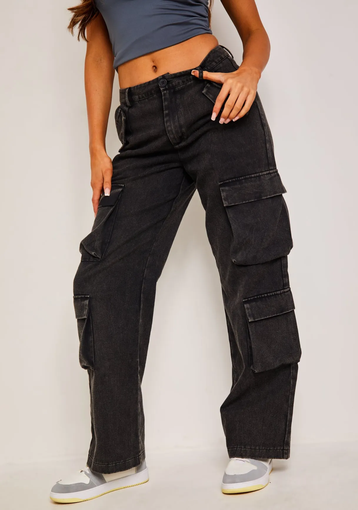 Dana Washed Black Multi-Pocket High Waisted Cargo Trousers