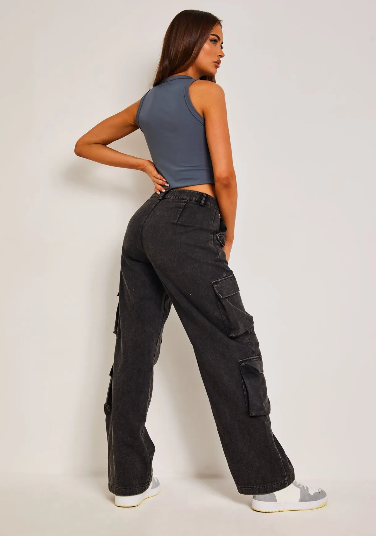 Dana Washed Black Multi-Pocket High Waisted Cargo Trousers