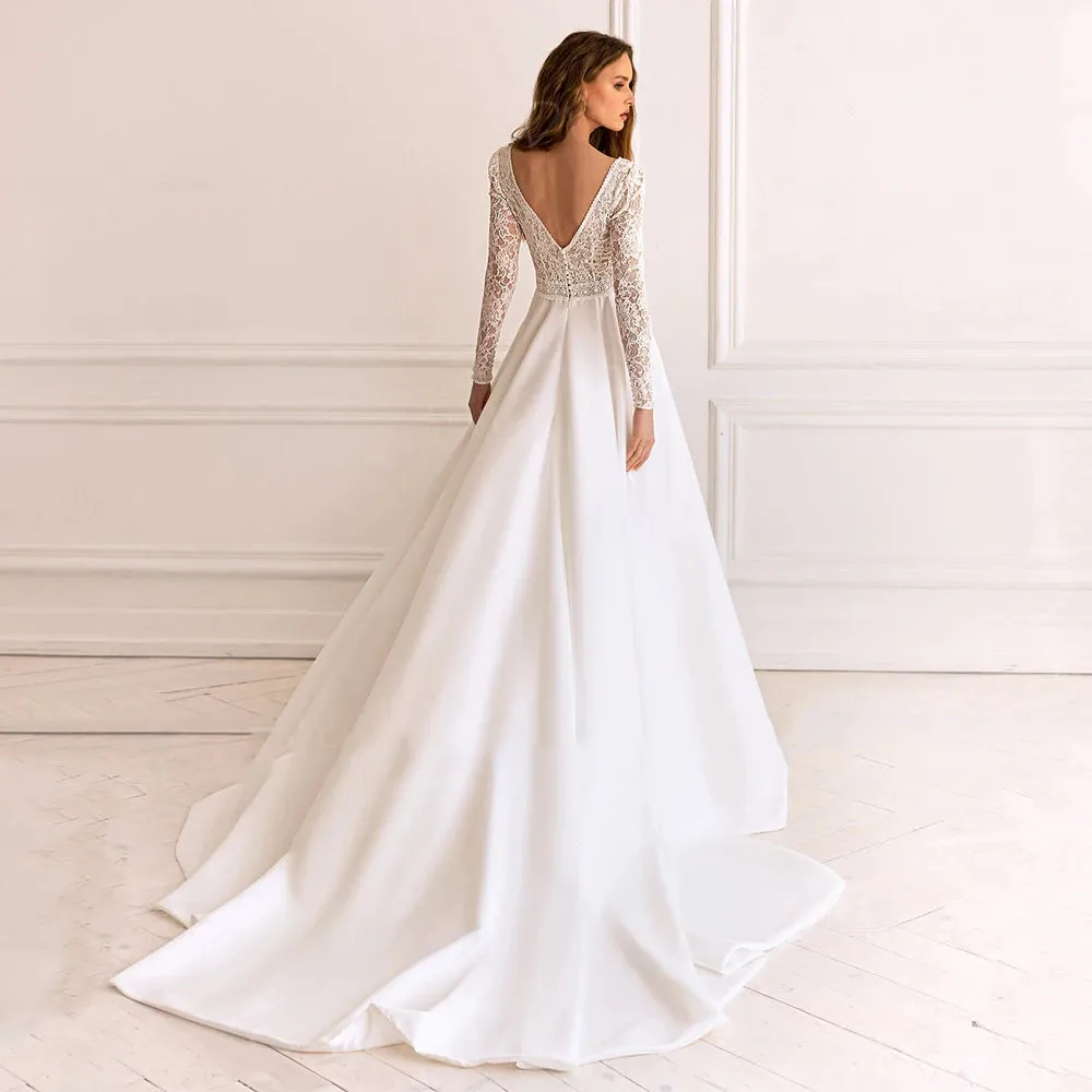 Deep V Neck]Modern Lace Appliques  Long Sleeve Backless  A Line Wedding Dress