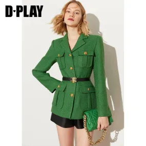 DPLAY Spring French Tweed Forest Green Jacket 3d metal embossed buckle classic suit - Sai