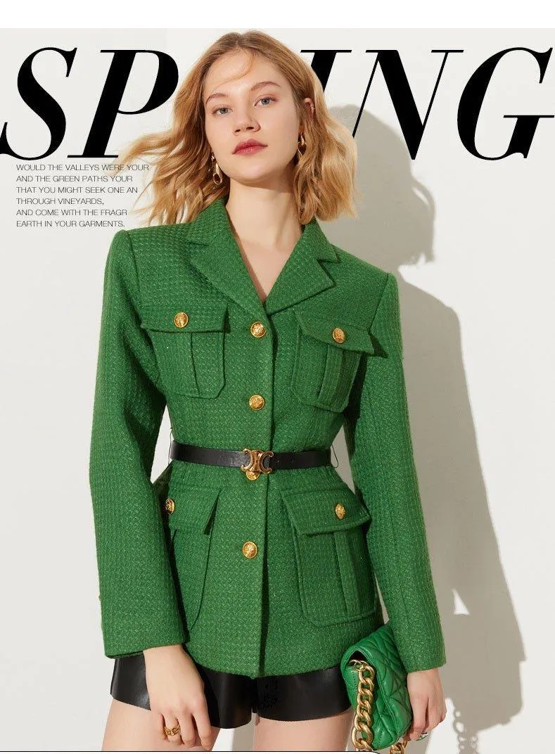 DPLAY Spring French Tweed Forest Green Jacket 3d metal embossed buckle classic suit - Sai