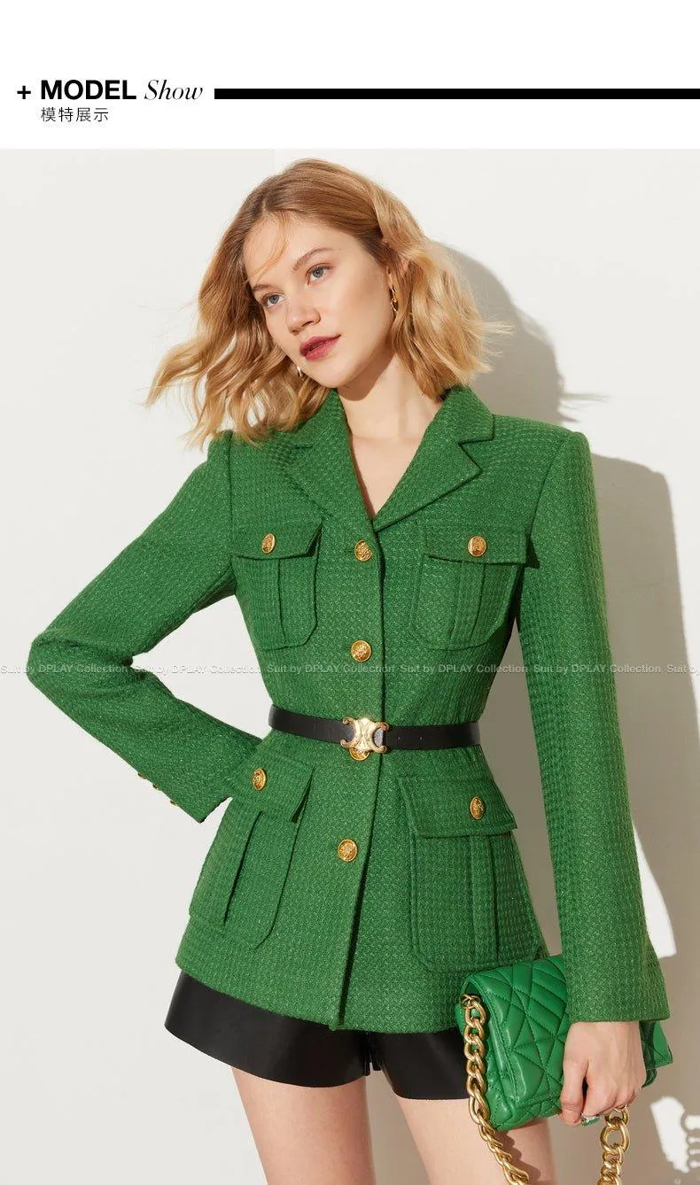 DPLAY Spring French Tweed Forest Green Jacket 3d metal embossed buckle classic suit - Sai