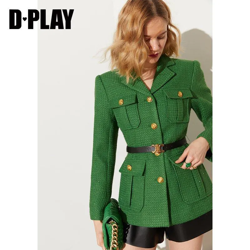 DPLAY Spring French Tweed Forest Green Jacket 3d metal embossed buckle classic suit - Sai