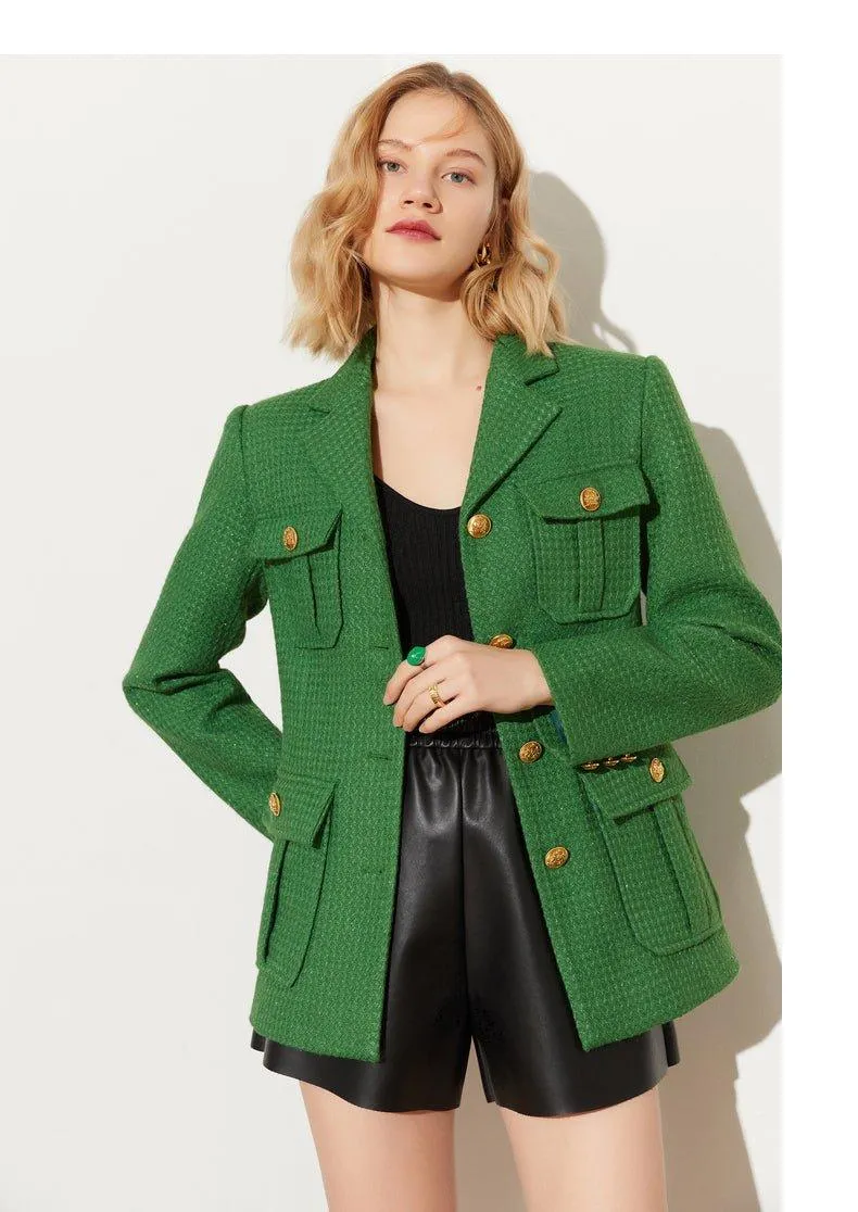 DPLAY Spring French Tweed Forest Green Jacket 3d metal embossed buckle classic suit - Sai