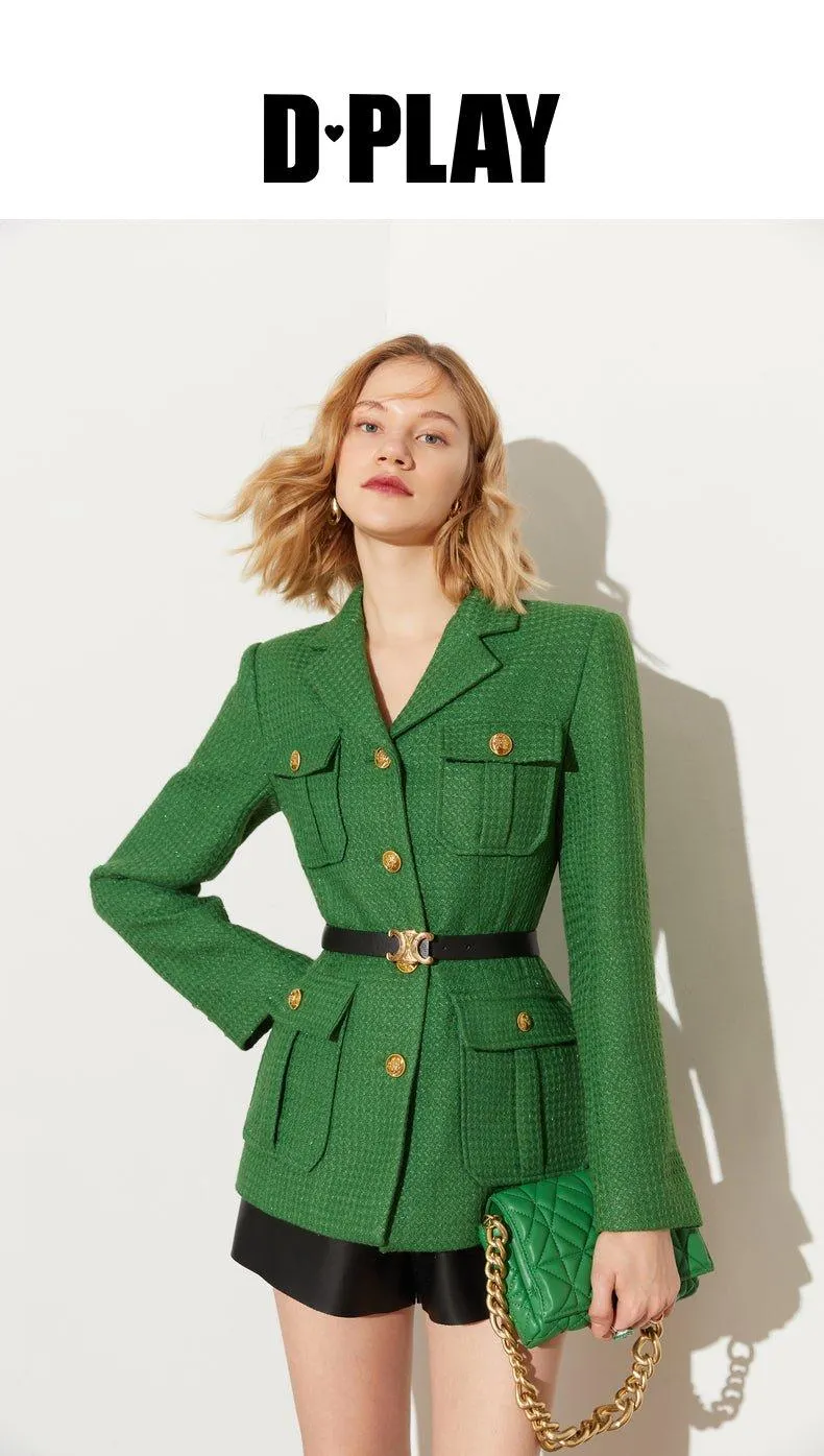 DPLAY Spring French Tweed Forest Green Jacket 3d metal embossed buckle classic suit - Sai