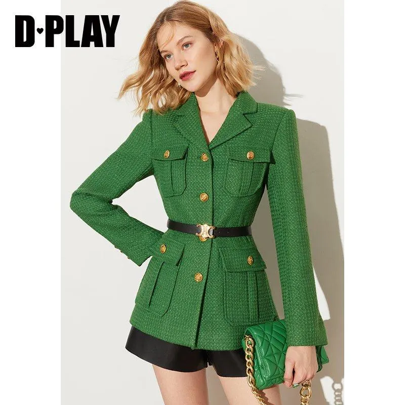 DPLAY Spring French Tweed Forest Green Jacket 3d metal embossed buckle classic suit - Sai