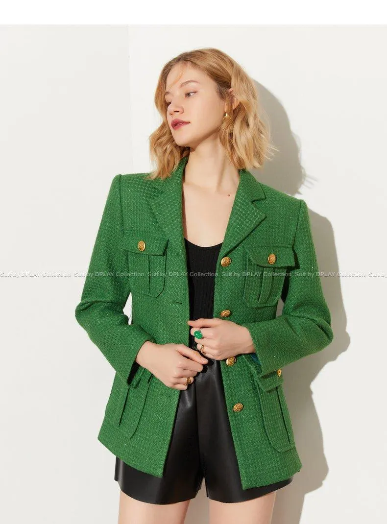 DPLAY Spring French Tweed Forest Green Jacket 3d metal embossed buckle classic suit - Sai