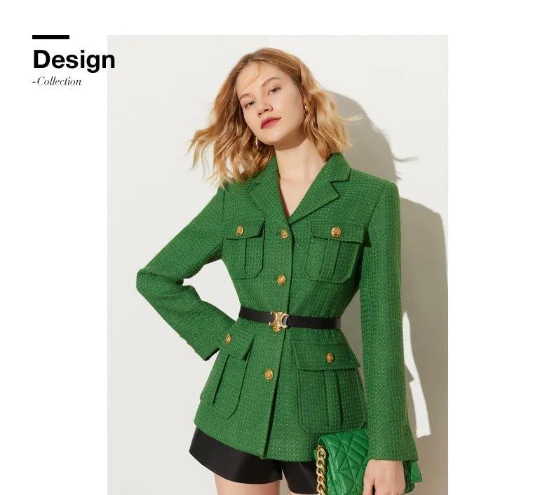 DPLAY Spring French Tweed Forest Green Jacket 3d metal embossed buckle classic suit - Sai