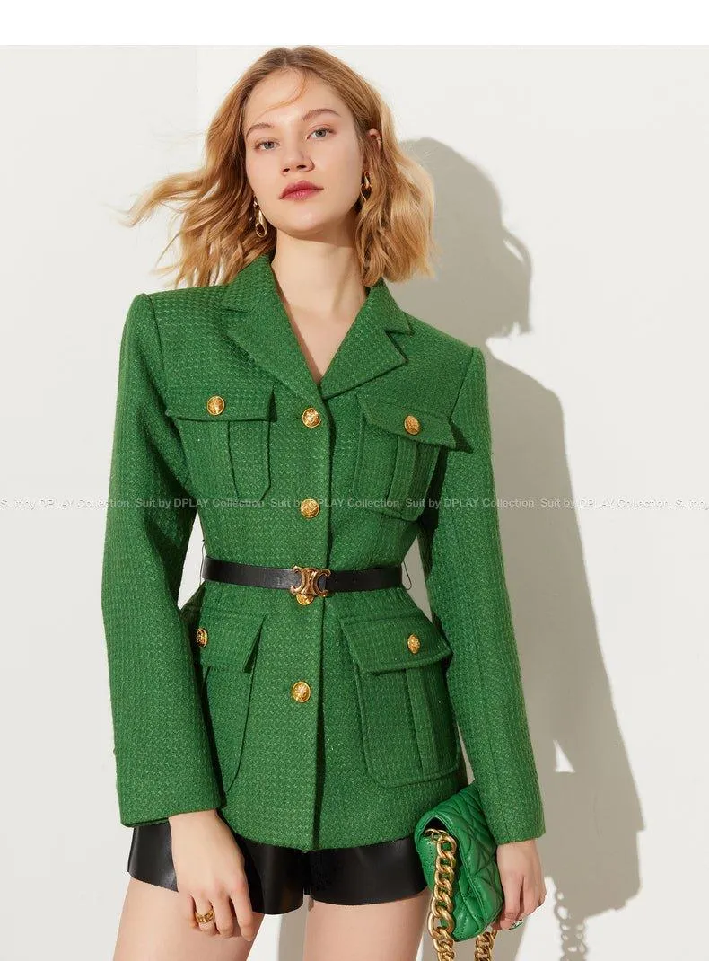 DPLAY Spring French Tweed Forest Green Jacket 3d metal embossed buckle classic suit - Sai