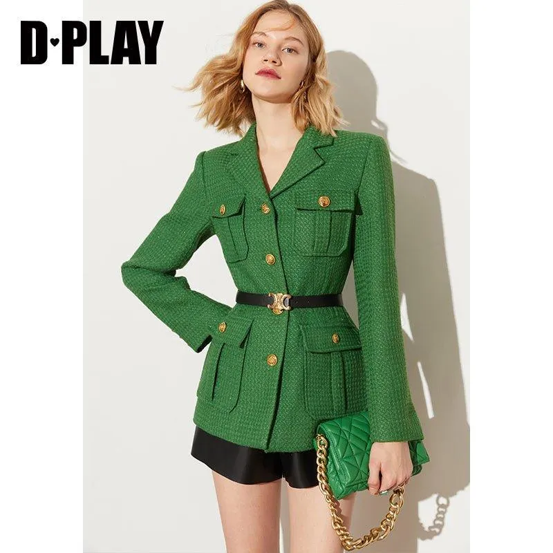 DPLAY Spring French Tweed Forest Green Jacket 3d metal embossed buckle classic suit - Sai