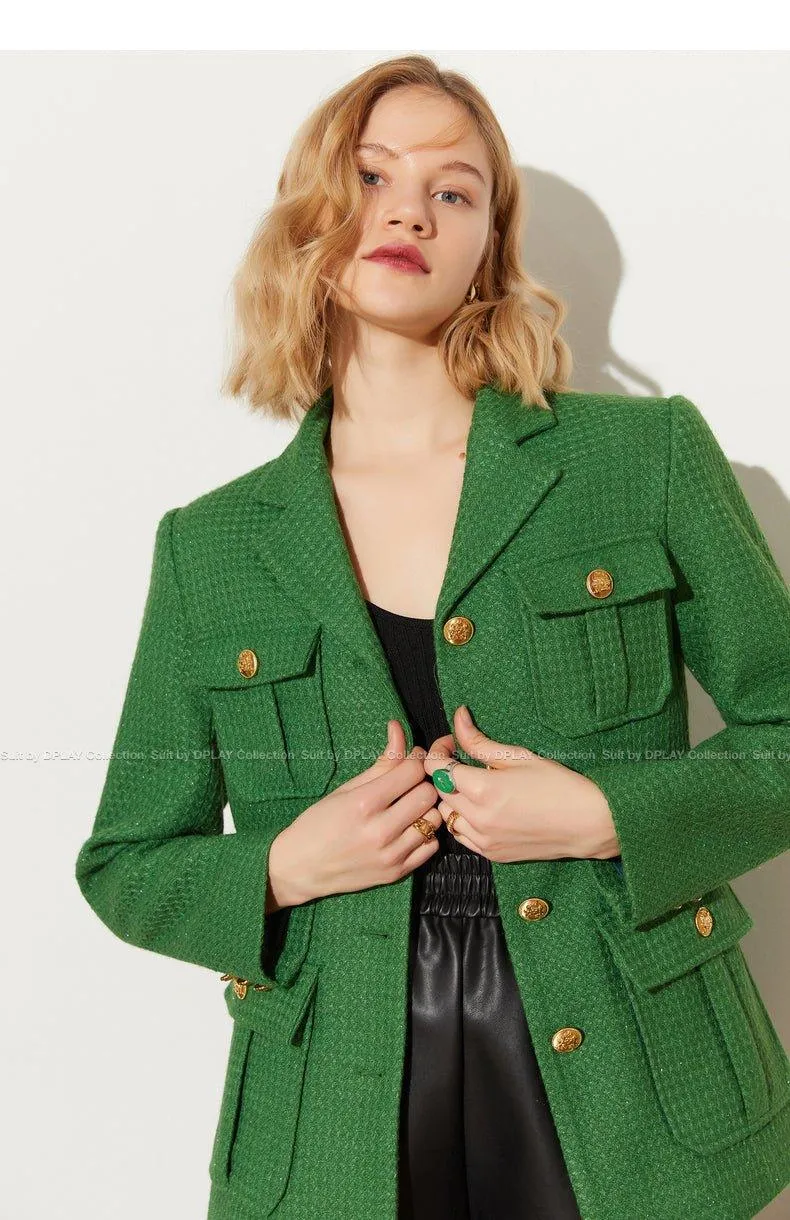 DPLAY Spring French Tweed Forest Green Jacket 3d metal embossed buckle classic suit - Sai