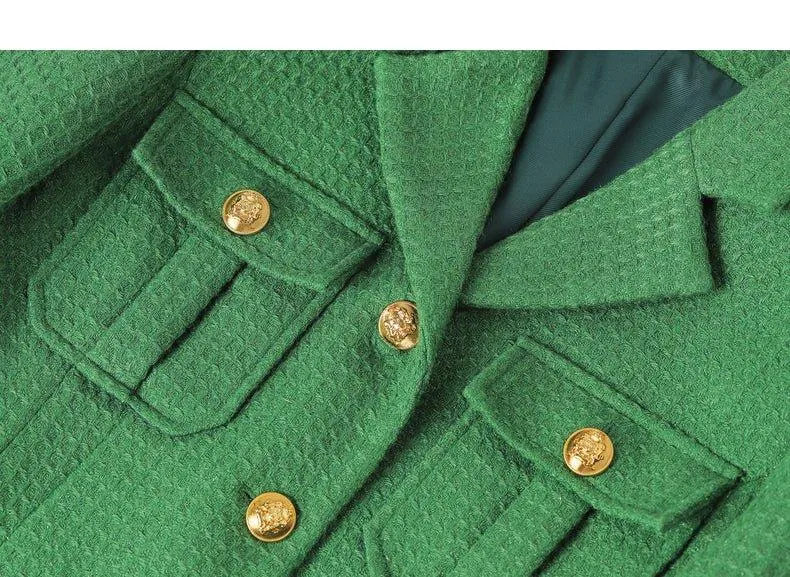 DPLAY Spring French Tweed Forest Green Jacket 3d metal embossed buckle classic suit - Sai