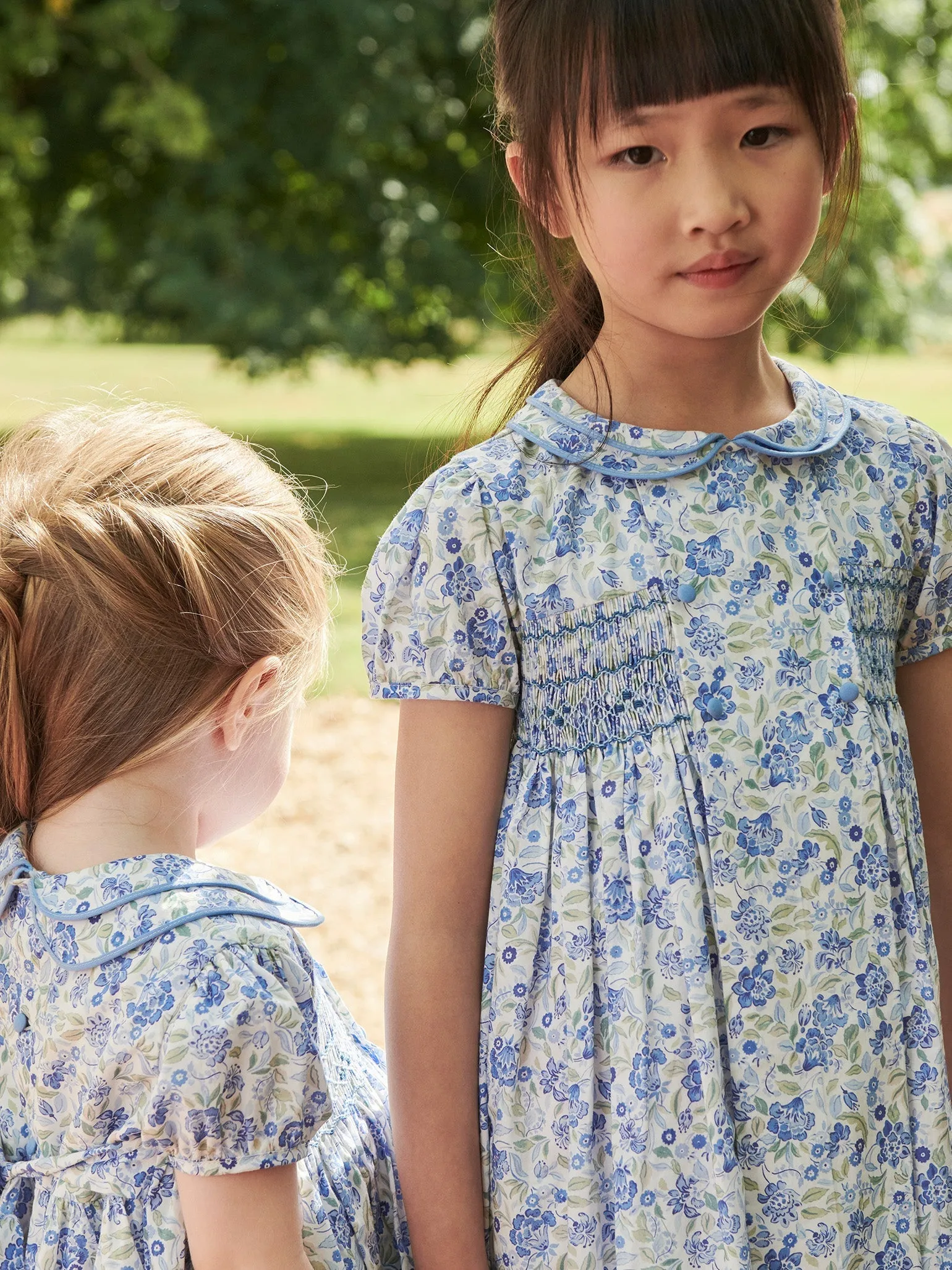 Dusty Blue Floral Arcadia Girl Hand-Smocked Dress