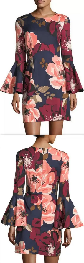 Floral-Print Bell-Sleeve Faille Day Dress