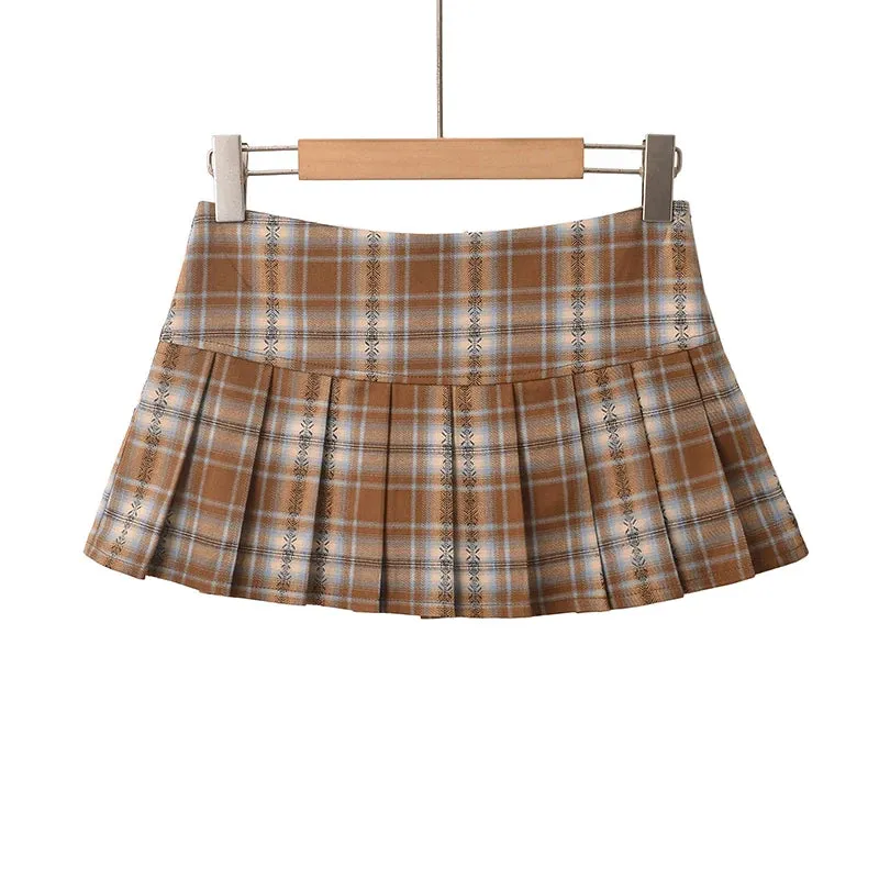 Girlary Mini Skirts For Woman Korean Fashion Khaki Plaid Skirts Women Y2k Clothes Low Waist Skirt Harajuku Vintage Pleated Skirts Preppy