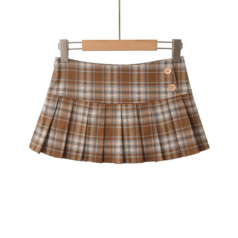 Girlary Mini Skirts For Woman Korean Fashion Khaki Plaid Skirts Women Y2k Clothes Low Waist Skirt Harajuku Vintage Pleated Skirts Preppy