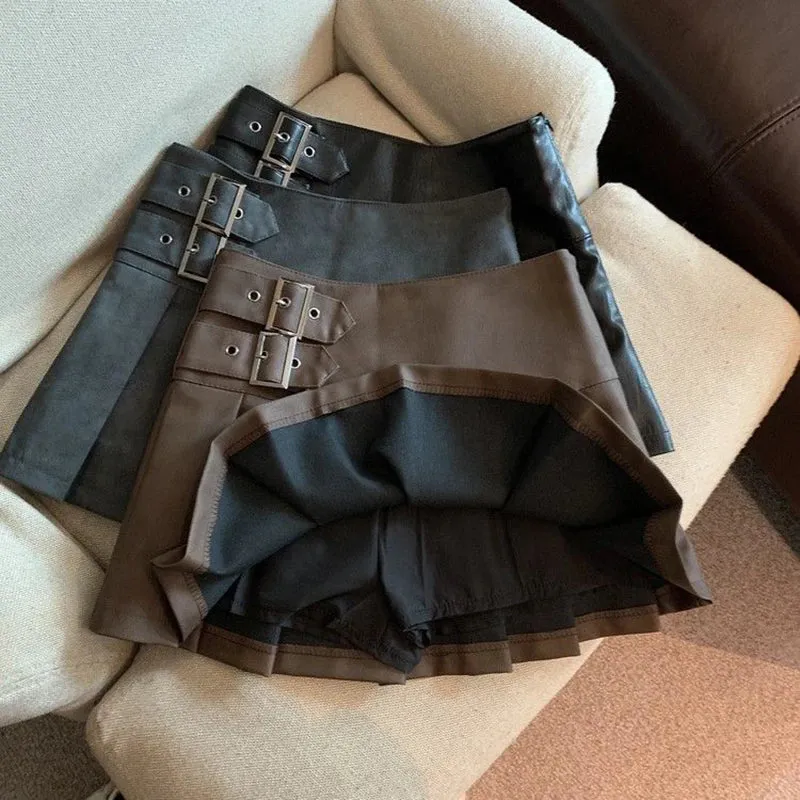 Girlary S-3XL Y2K Pu Leather Mini Skirts Women Streetwear High Waist Pleated Skirt Vintage Korean Black Slim Casual A Line Skirts