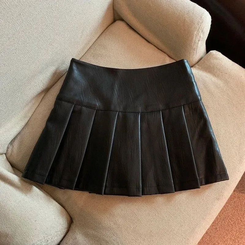 Girlary S-3XL Y2K Pu Leather Mini Skirts Women Streetwear High Waist Pleated Skirt Vintage Korean Black Slim Casual A Line Skirts