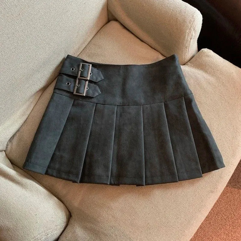 Girlary S-3XL Y2K Pu Leather Mini Skirts Women Streetwear High Waist Pleated Skirt Vintage Korean Black Slim Casual A Line Skirts