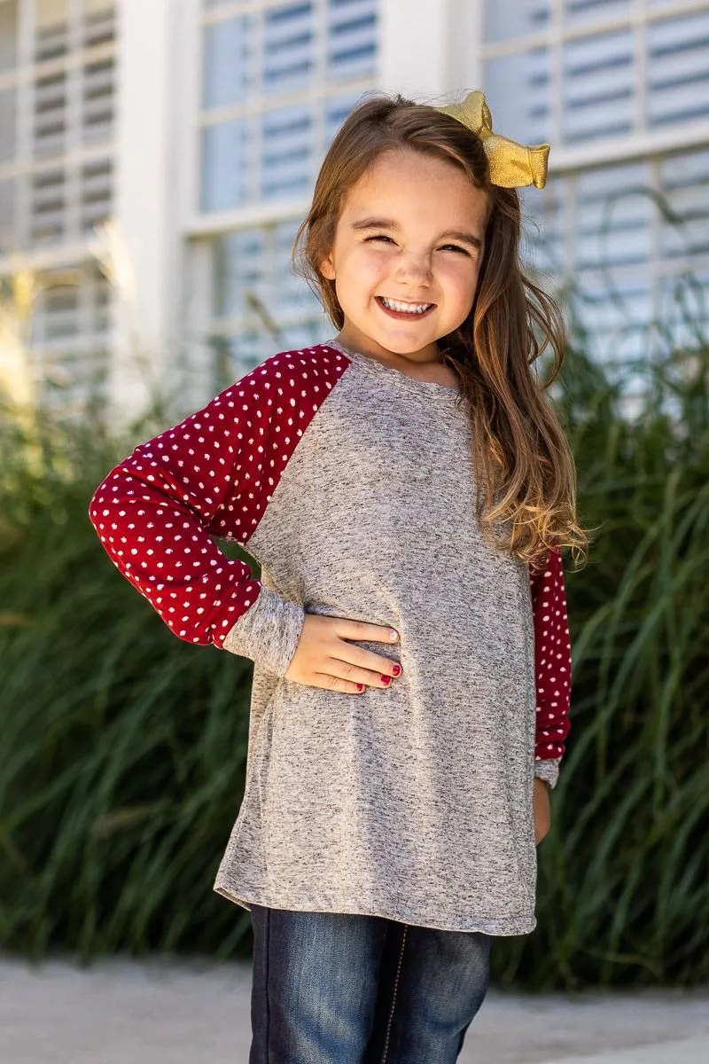 Girls' Grey Longsleeve Tee with Polka Dot Print Sleeves