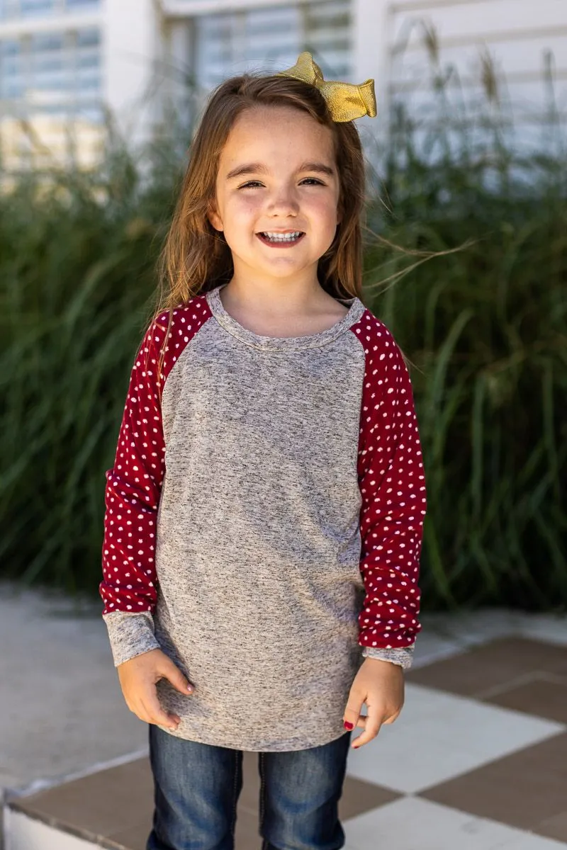 Girls' Grey Longsleeve Tee with Polka Dot Print Sleeves