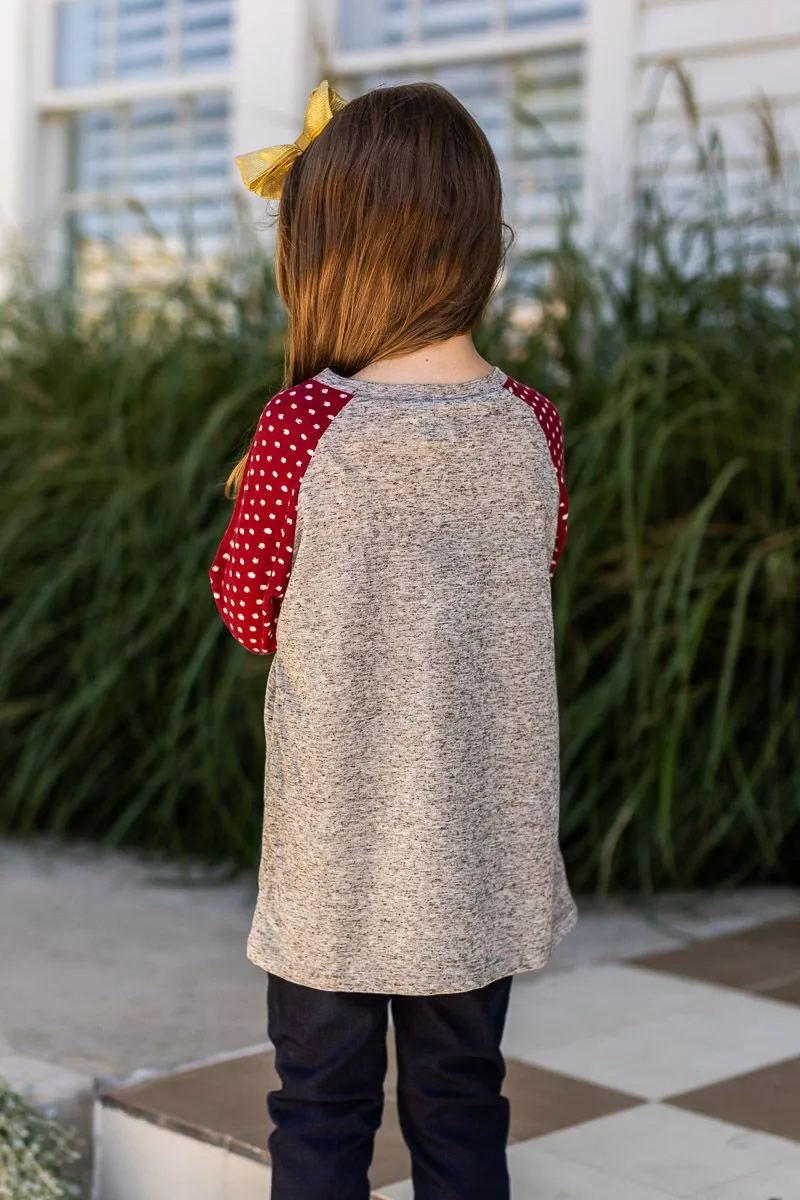 Girls' Grey Longsleeve Tee with Polka Dot Print Sleeves