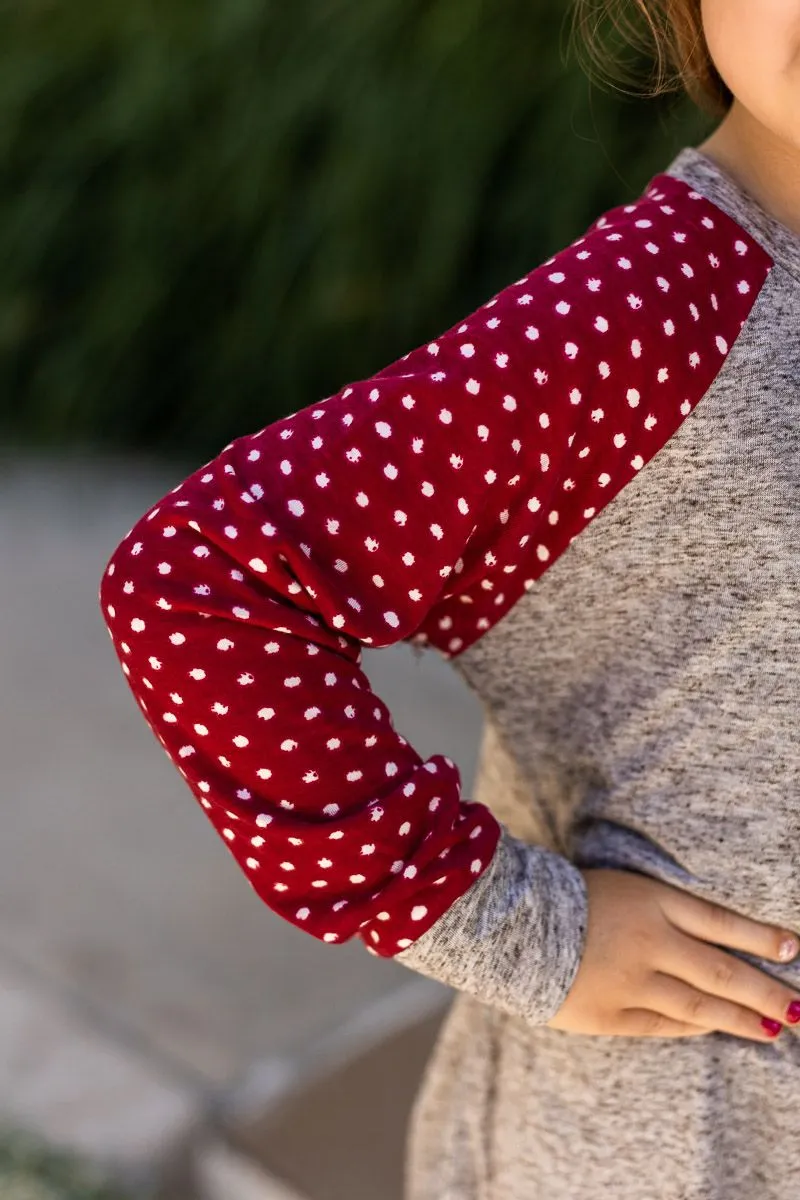 Girls' Grey Longsleeve Tee with Polka Dot Print Sleeves