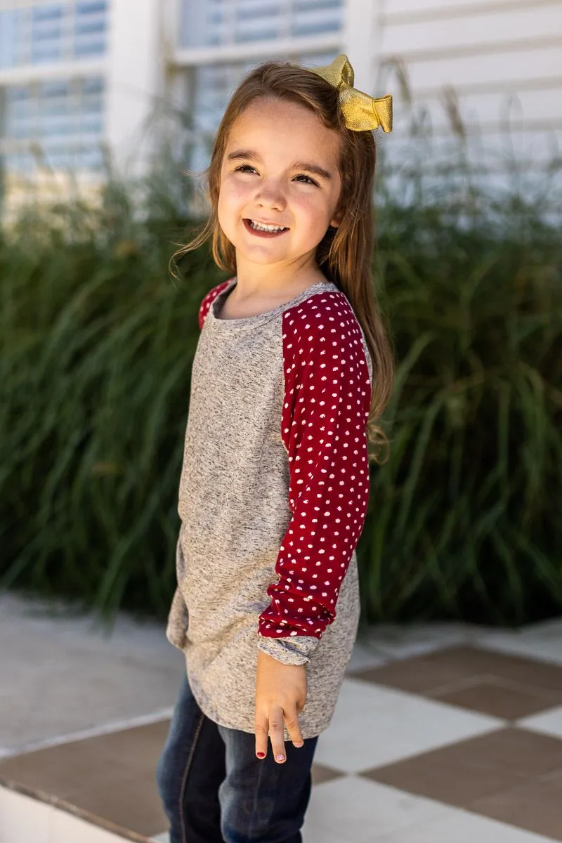 Girls' Grey Longsleeve Tee with Polka Dot Print Sleeves