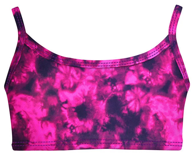 Girls UPF 50  Printed Bikini Swim Top  | Fuchsia Black Tie Dye