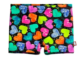 Girls UPF 50  Printed Swim Boy Shorts  | Hearts Splatter