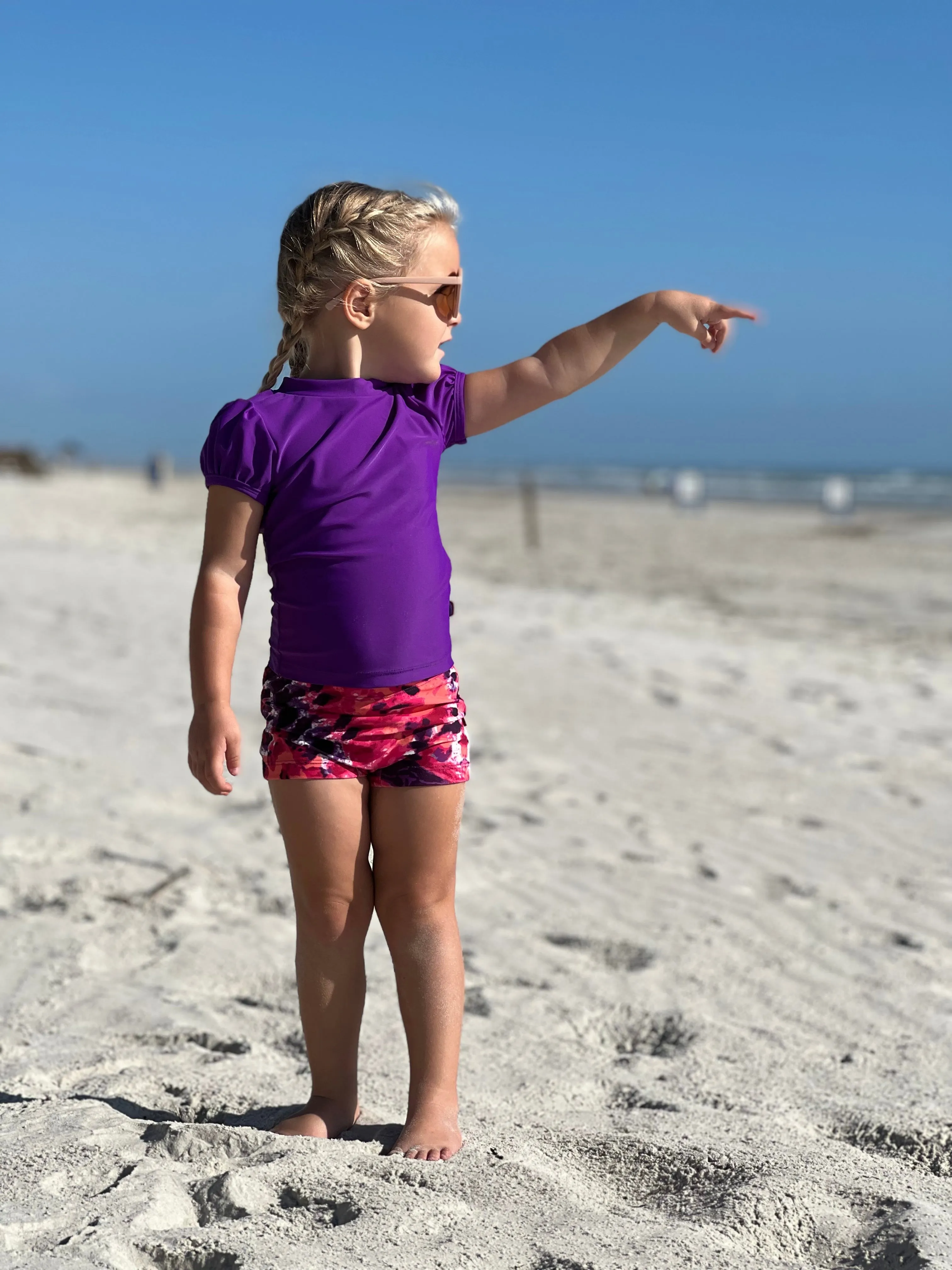 Girls UPF 50  Printed Swim Boy Shorts  | Hearts Splatter