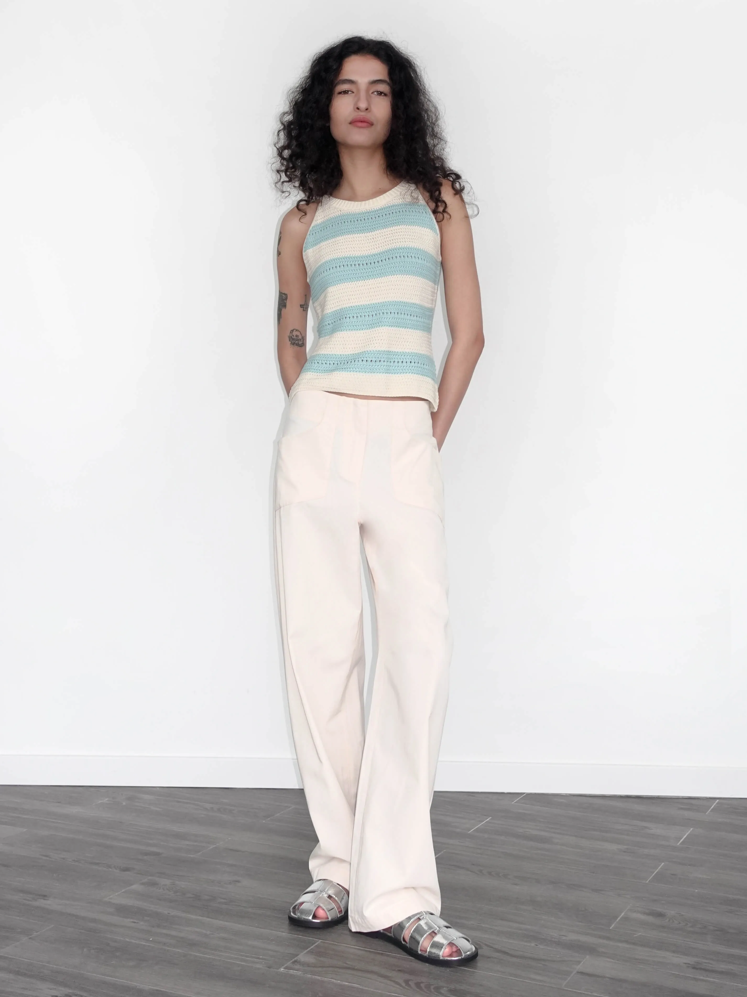 High Waisted Cotton Straight Trousers