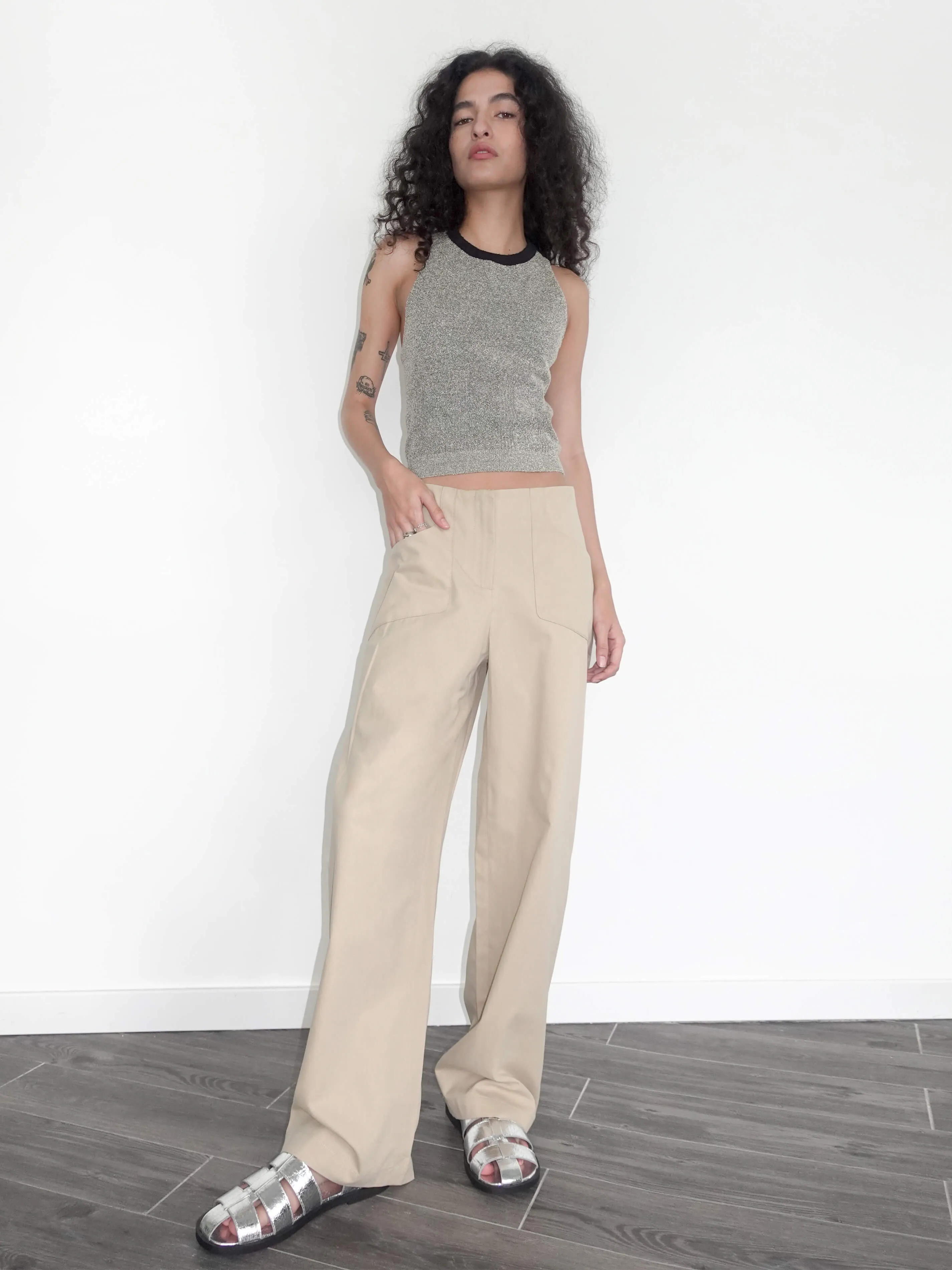 High Waisted Cotton Straight Trousers