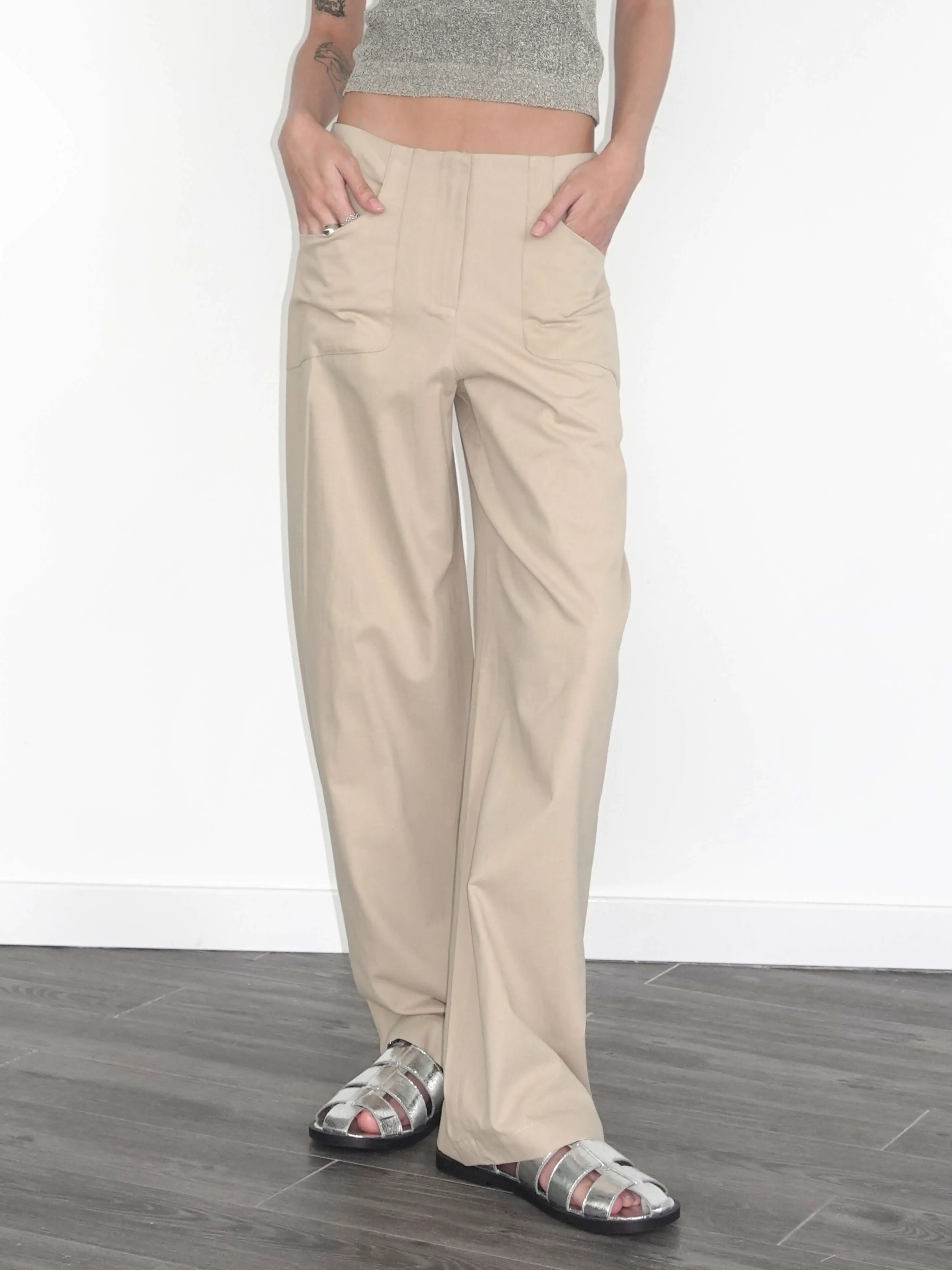 High Waisted Cotton Straight Trousers