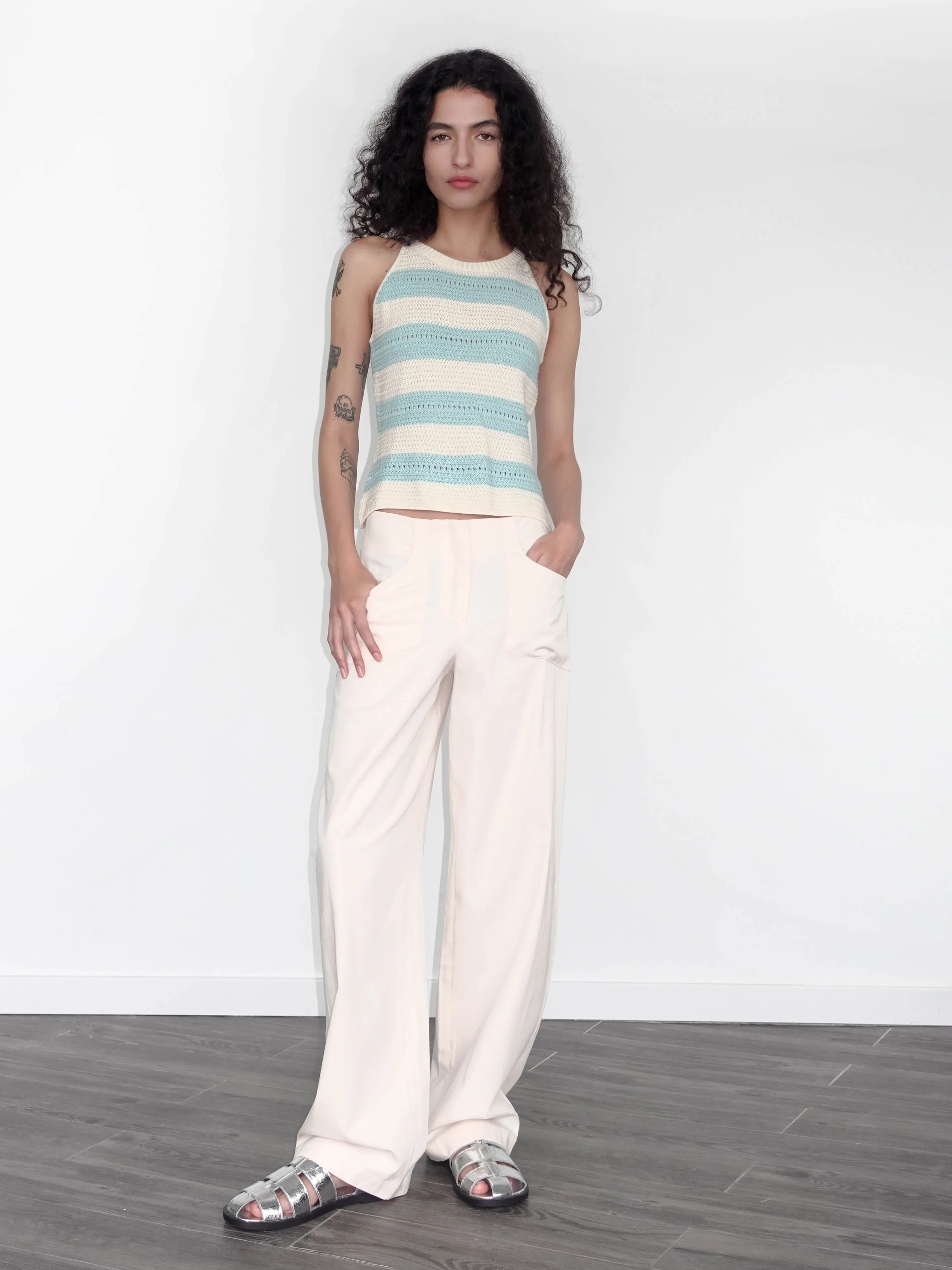 High Waisted Cotton Straight Trousers