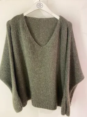 Italian collection mohair v-neck jumper -Khaki