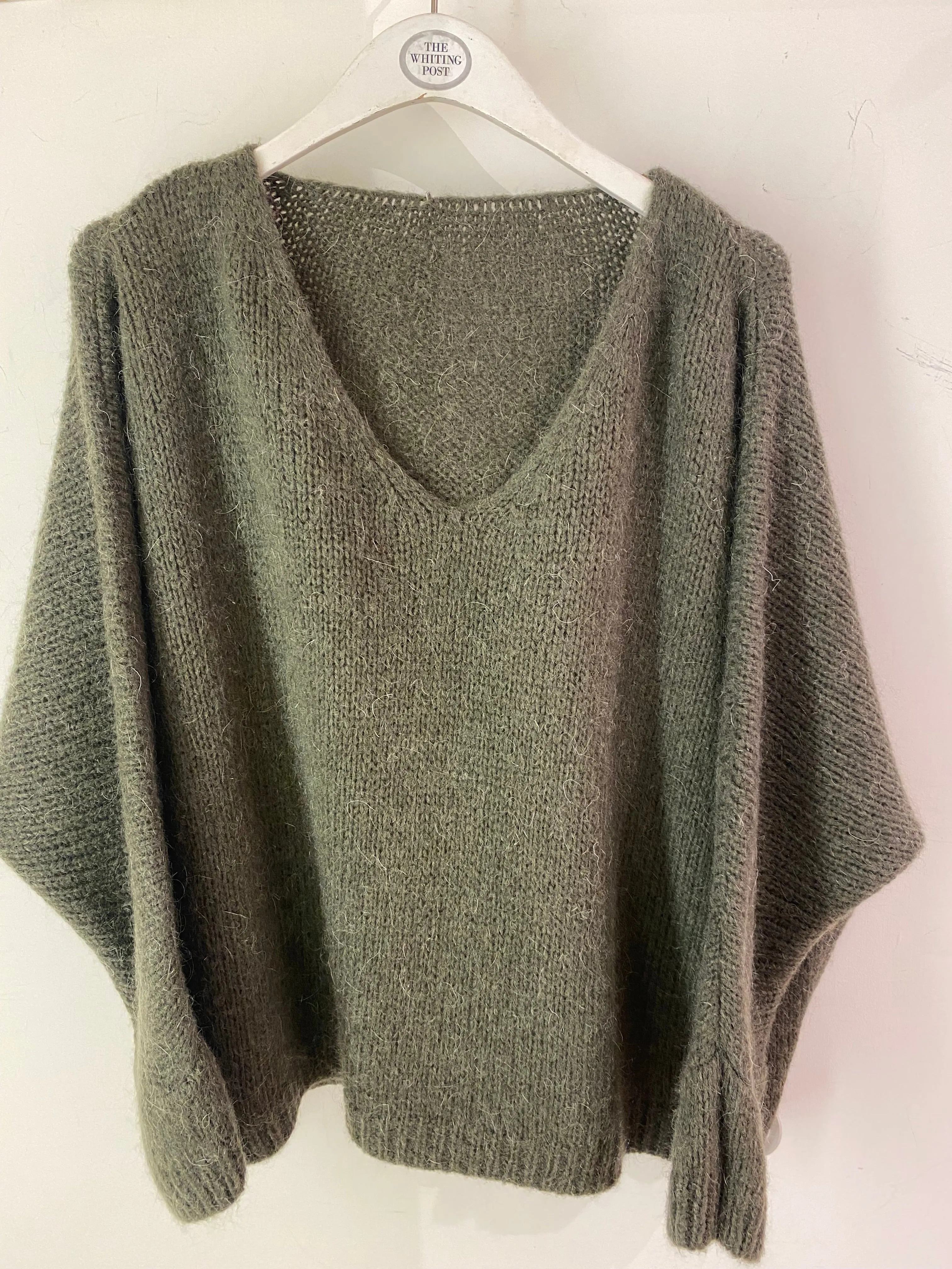 Italian collection mohair v-neck jumper -Khaki