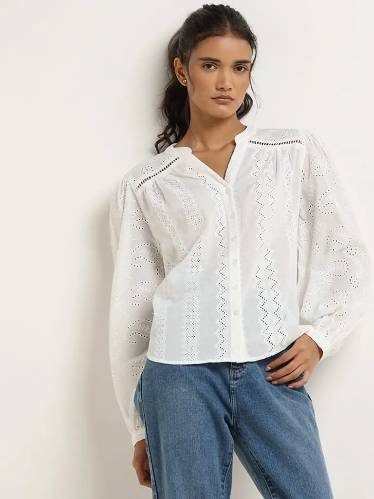 LOV White Cotton Schiffli Shirt