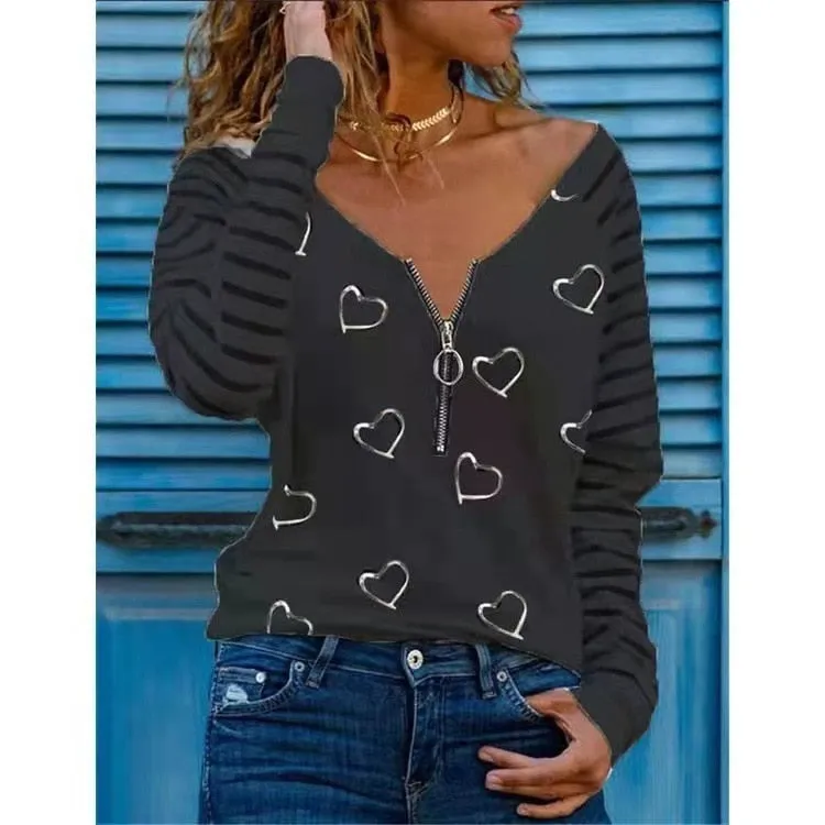 Love Printing T-shirt Sexy V-neck Zipper Neck Long-sleeved T-shirt Casual Loose Pullover Top