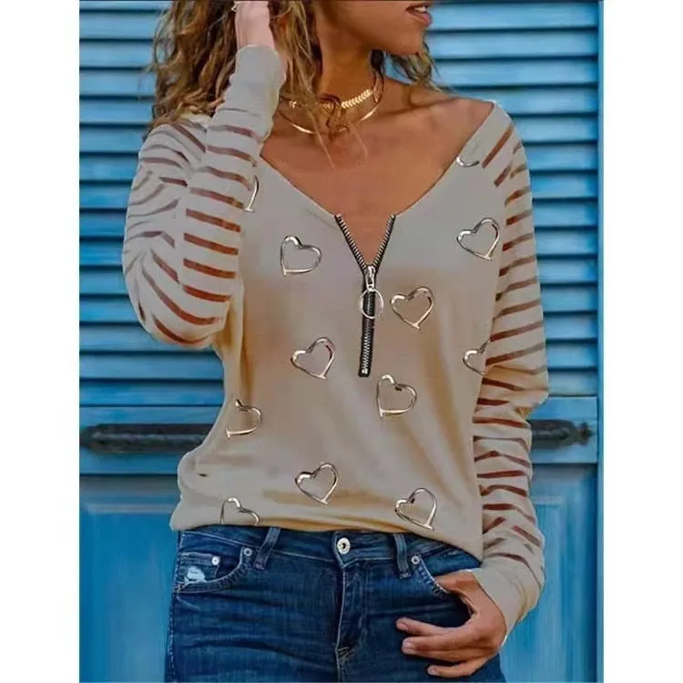 Love Printing T-shirt Sexy V-neck Zipper Neck Long-sleeved T-shirt Casual Loose Pullover Top