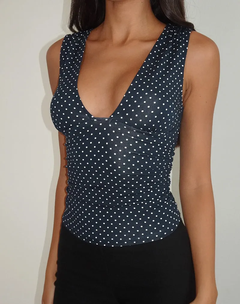 Lycia Plunge Top in Micro Polka Navy