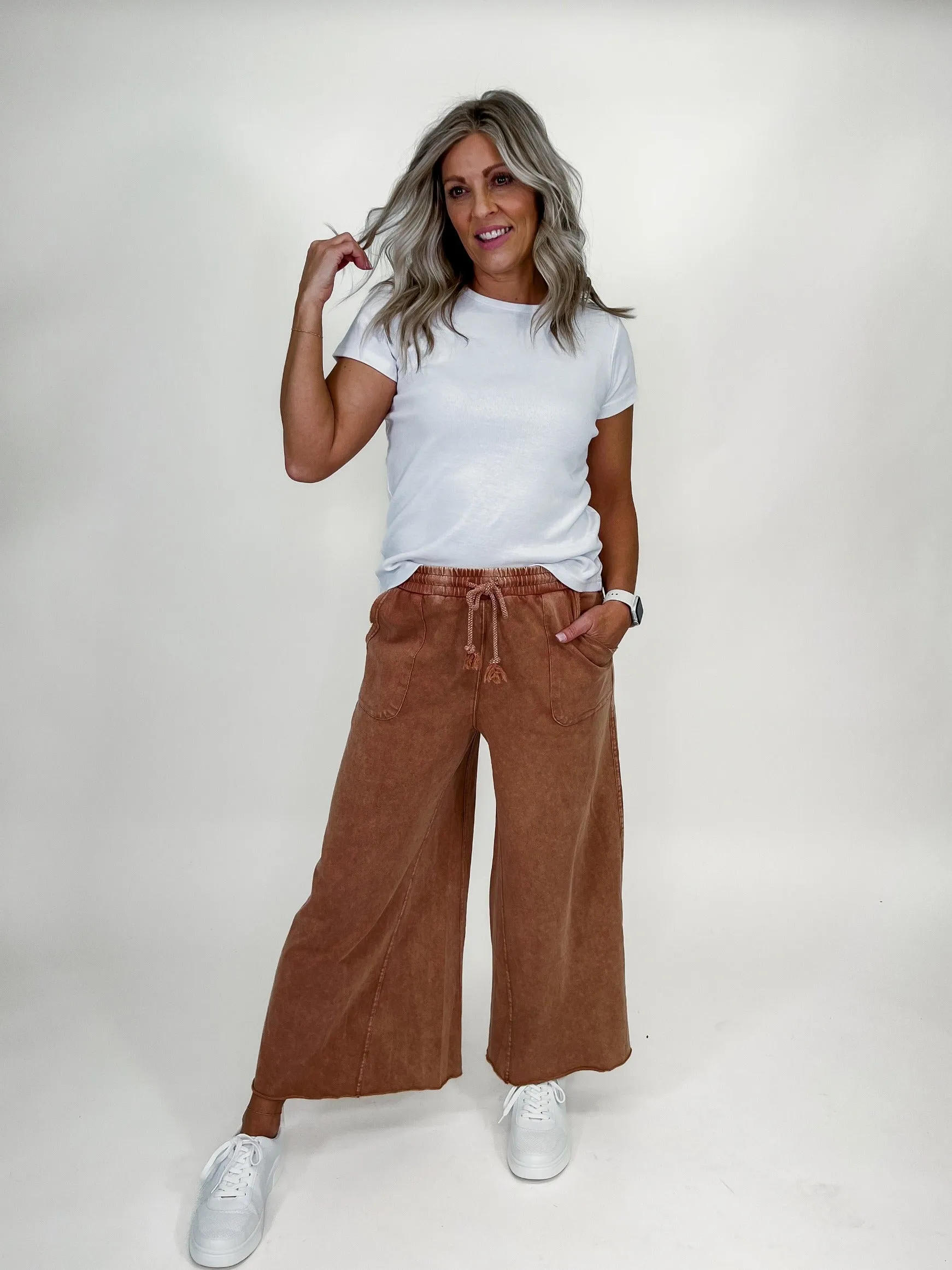 Margot Washed Wide Leg Pant, Red Bean