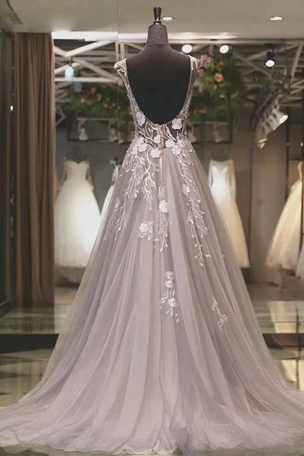 Modest Gray Tulle A-line Scoop Long Prom Dress Evening Dress with Appliques, SP574