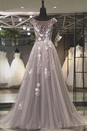 Modest Gray Tulle A-line Scoop Long Prom Dress Evening Dress with Appliques, SP574