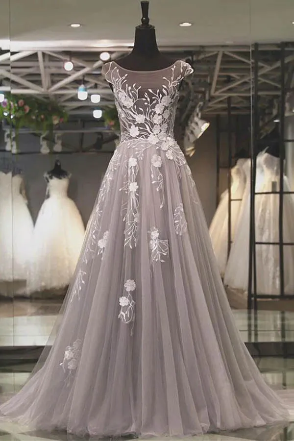 Modest Gray Tulle A-line Scoop Long Prom Dress Evening Dress with Appliques, SP574