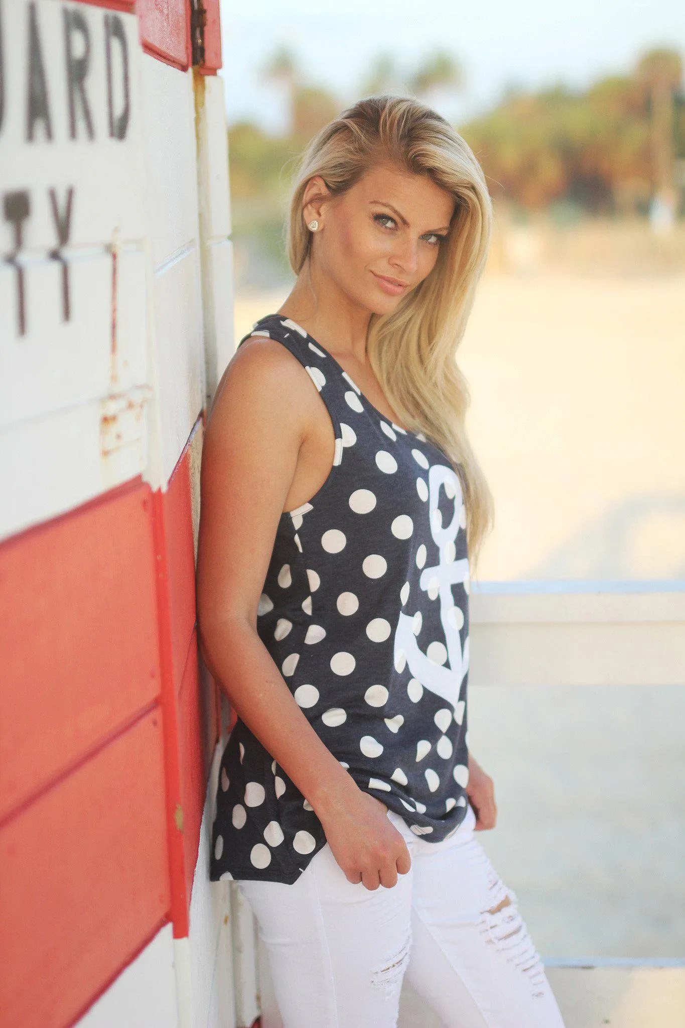 Navy Polka Dot Anchor Tank Top