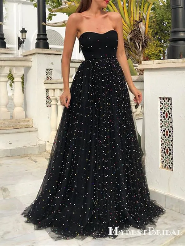 New Arrival Sweetheart Sleeveless Charming Black Tulle Heavy Beaded Long Cheap Prom Dresses, TYP0112