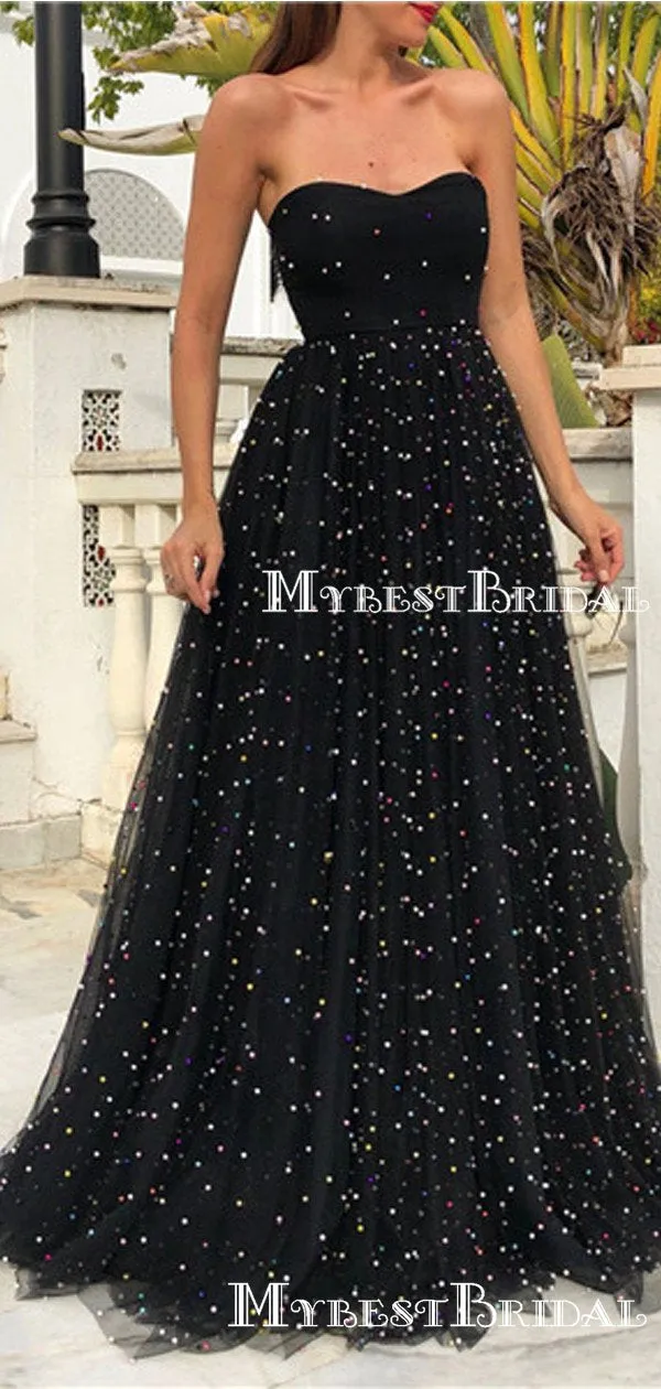 New Arrival Sweetheart Sleeveless Charming Black Tulle Heavy Beaded Long Cheap Prom Dresses, TYP0112