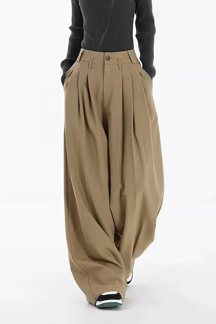 One-Button Loose Pleated Wide-Leg Pants