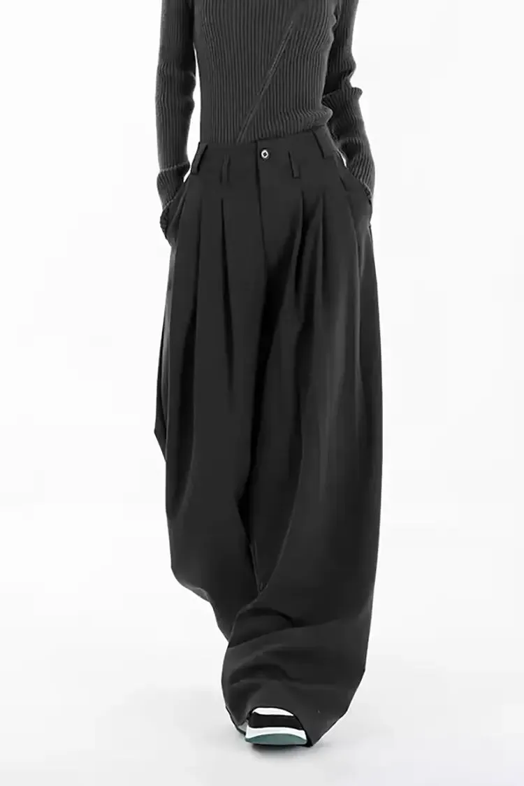 One-Button Loose Pleated Wide-Leg Pants